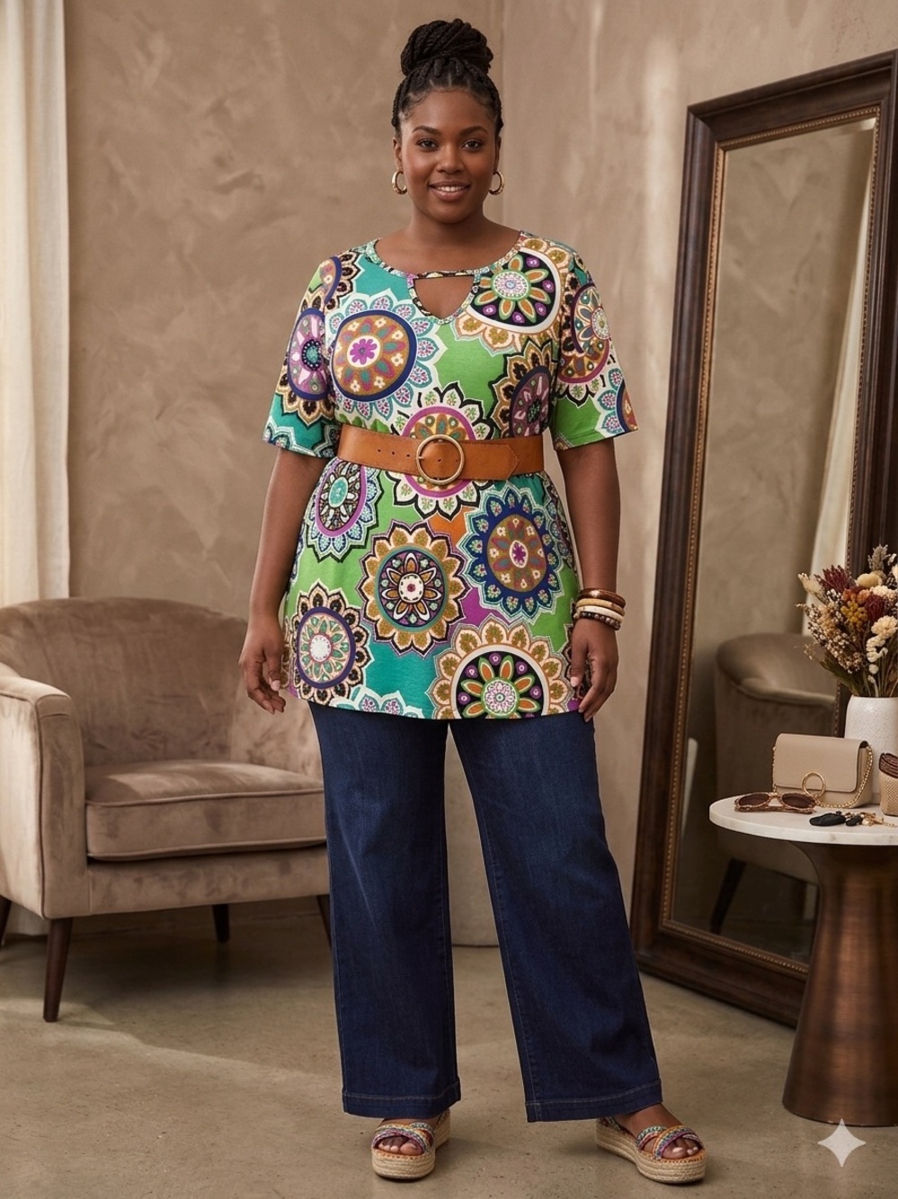 Heimish USA mandala floral print v-neck boho bold chic tunic size 3X.